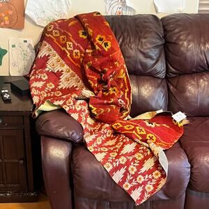 Melange Home Kantha Quilt Throw Blanket Red Yellow Floral Handmade India 90x60
